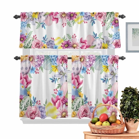 Easter Kitchen Curtains Valances 3 Piece Set Colorful Eggs Roses Tulips Daisy Berries Flowerbed Rod Pocket Tier Curtain and Valance Drapes for Small Window 36 Inch Length for Bedroom Cafe