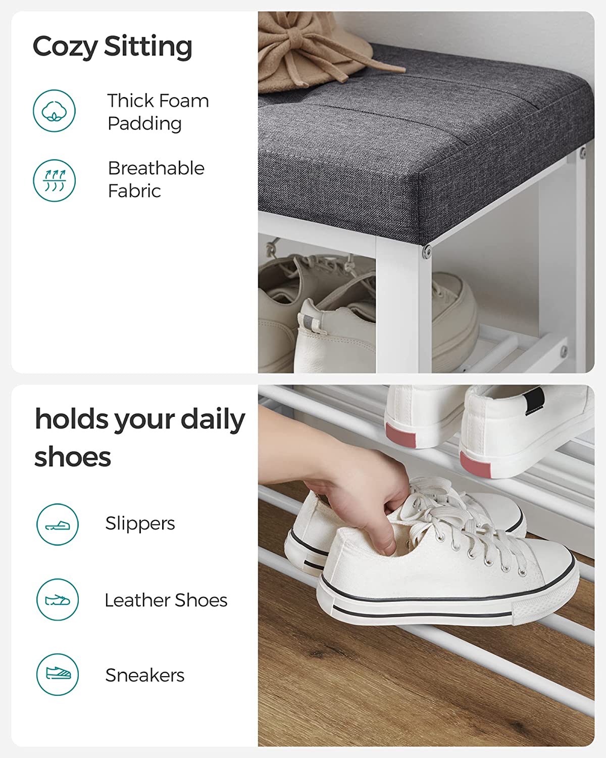 Songmics Shoe Storage Bench with Cushion, White and Gray photo 7