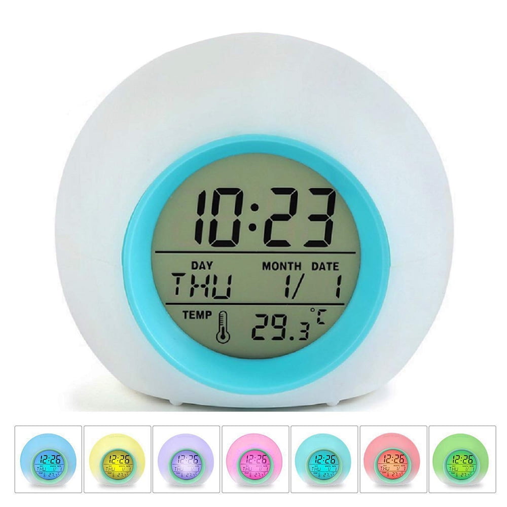 Date Display Battery Powered Snooze Function Kids Alarm Clock Children's LED Night Light Clock with Wake Up Function Night Light Backlight Birthday Gifts for child Temperature Foneso 7 changing Color Electronic Bedrooms Alarm Clock 