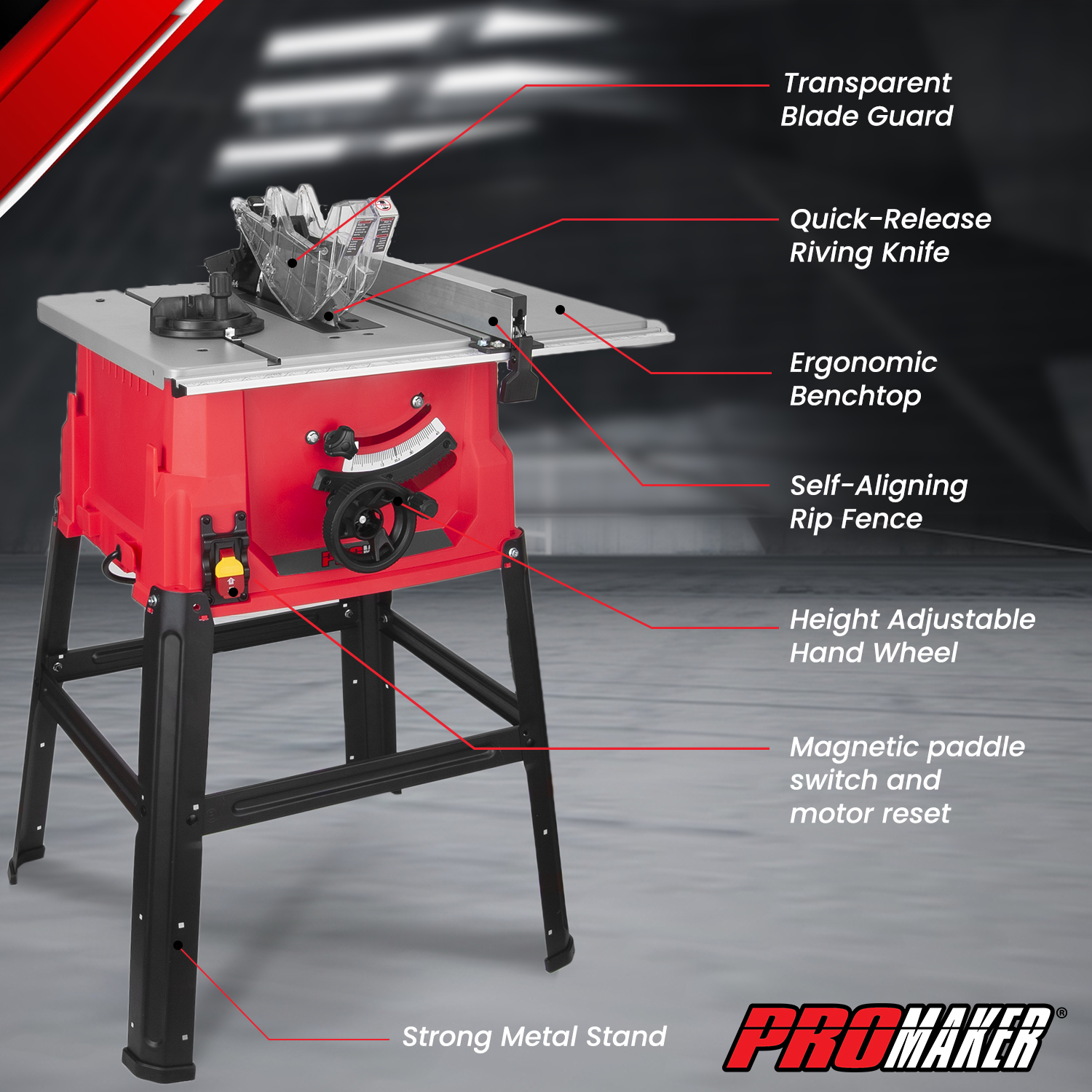 PROMAKER Table Saw 10-inch 15.5-Amp 5000RPM 1800W, Benchtop Table Saw, from  0-45º up to 0º-90º Bevel cut. Table saw 10 inch with metal stand for  woodworking including a Saw Blade. PRO-SB1800