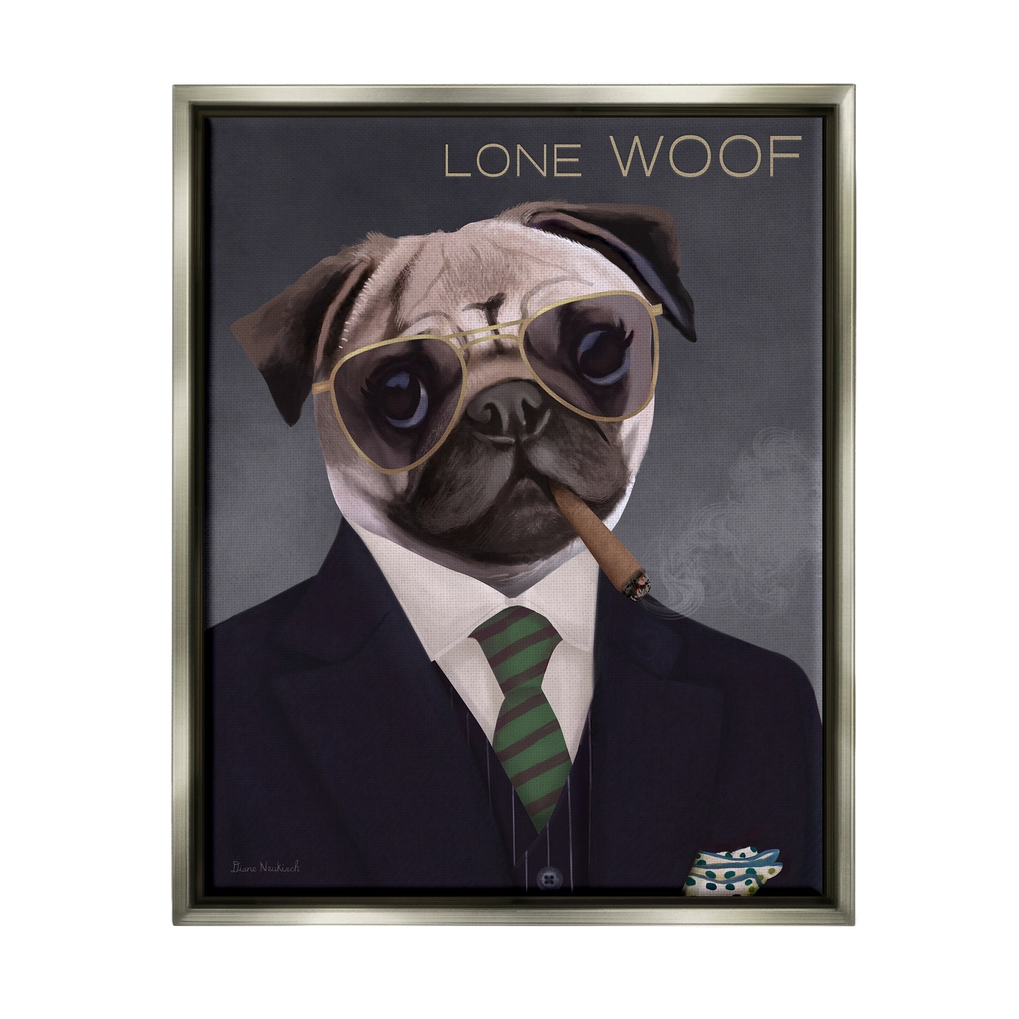 Stupell Industries Lone Woof Pug Dog Smoking Cigar Necktie Graphic Art Luster Gray Floating Framed Canvas Print Wall Art, Design by Diane Neukirch