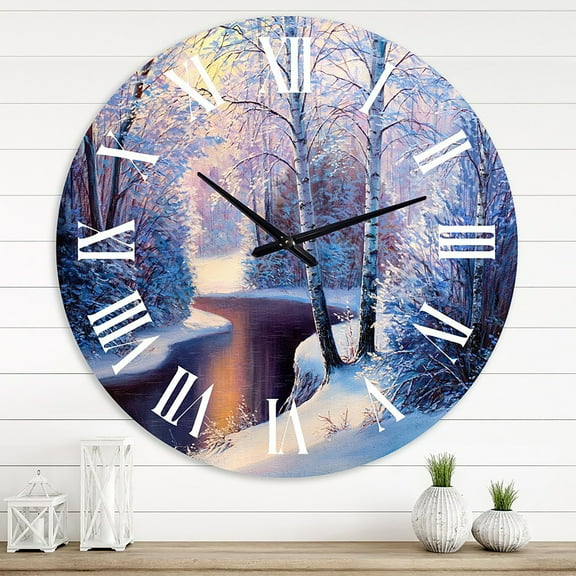 Designart 'Christmas Forest With River And Trees I' Traditional Wall Clock