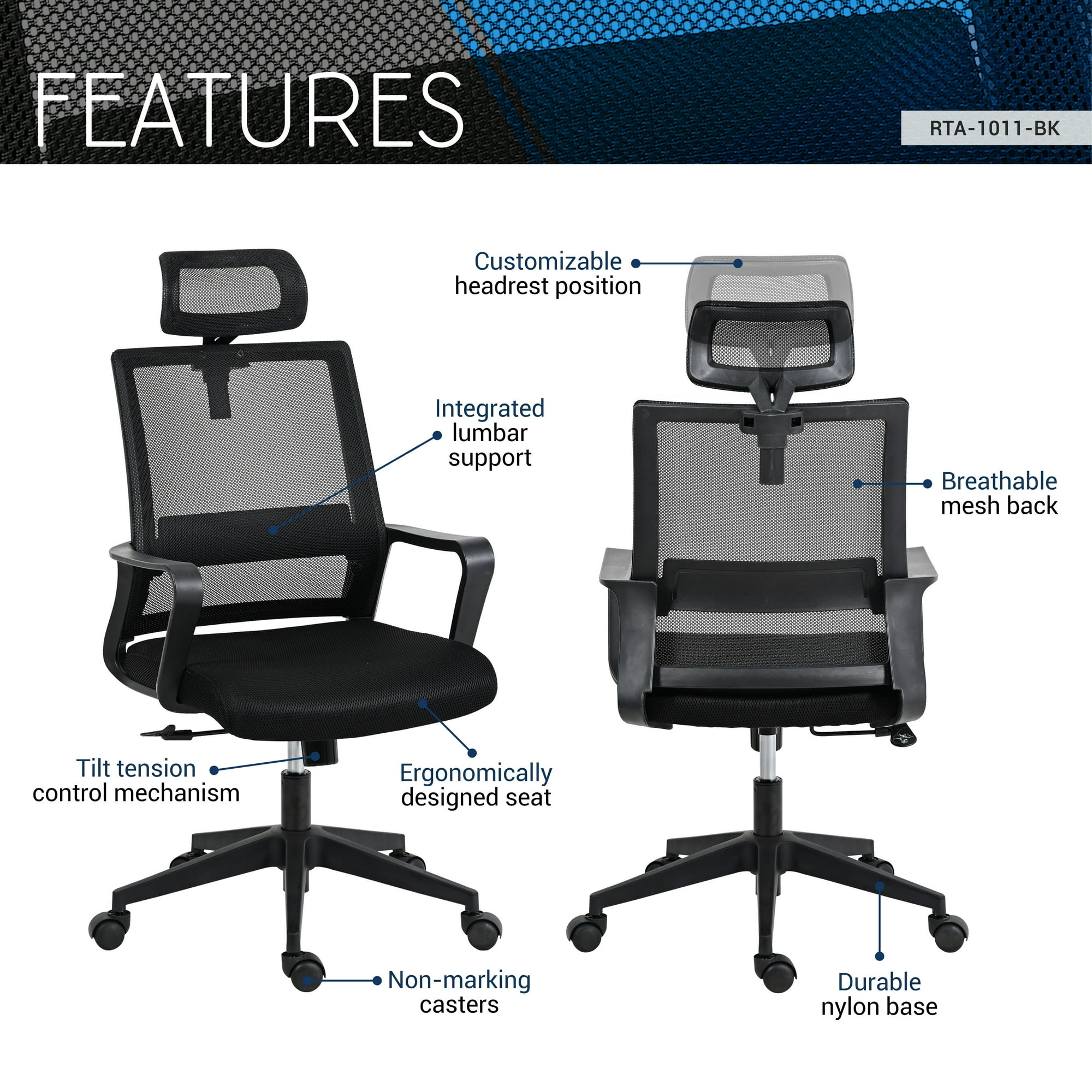 Techni Mobili Ergonomic Office Chair with Lumbar Support and Adjustable Headrest RTA-1011-BK