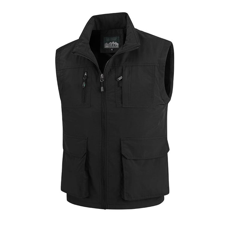 FAWUUDO Men's Multi-Pocket Utility Vest, Stand Collar Zip-Up