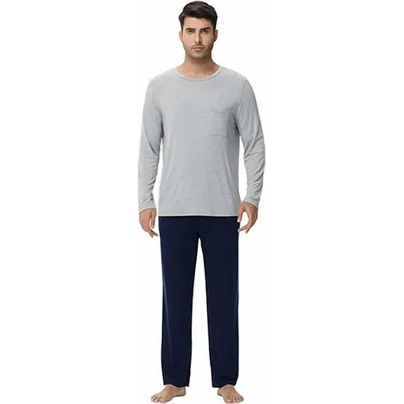 WiWi Men's Pajamas Set Lightweight Sleepwear Long Sleeve Sleep Shirt and Long Pants Viscose from Bamboo Lounge Sets S-XXL, Light Heather Grey Navy, XX-Large