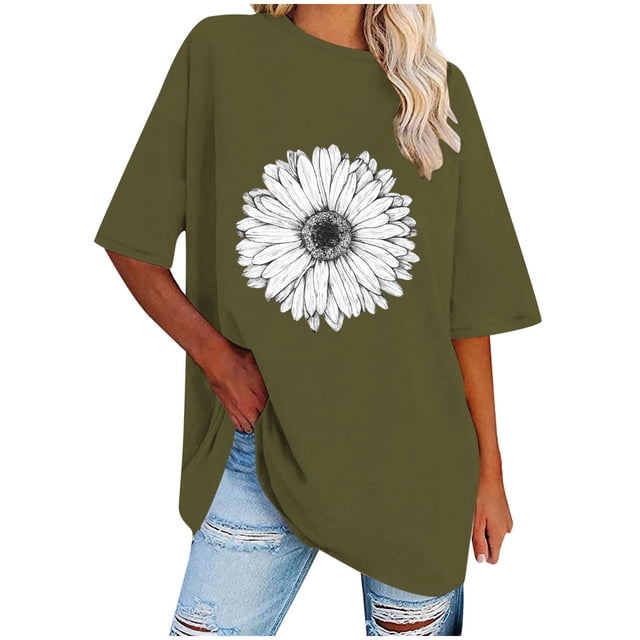 T-Shirt Décontracté à Col Rond Imprimé pour Femmes Manches Courtes Amples Blouse