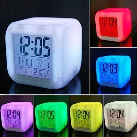 Jeobest 1PC Glowing LED Color Change Digital Alarm Clock - Mini Desk 7 Colors Change Led Glowing Digital Alarm Clock Thermometer Temperature Date Desktop Clock for Adult Kid Teens