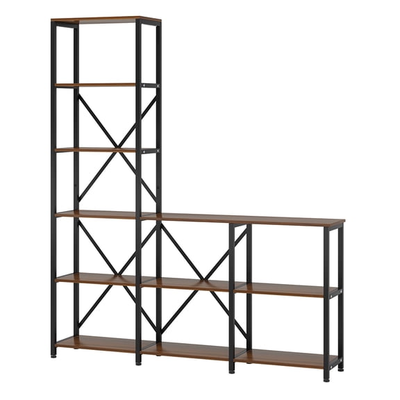 Spaco 9-Shelf Bookshelf, Industrial Ladder Corner Etagere Bookcase, Versatile Bookcase, Brown