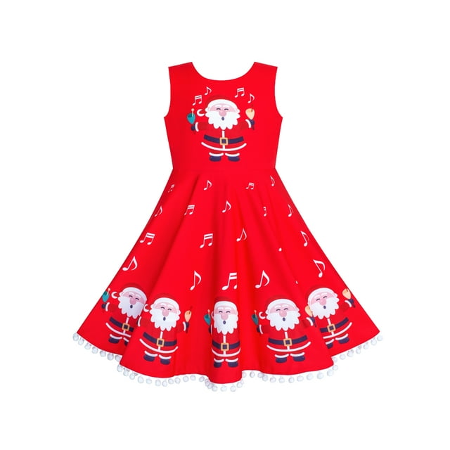 Robe Fille Rouge Père Noël Imprimé Fête de Noël Hiver Vacances 12 Ans