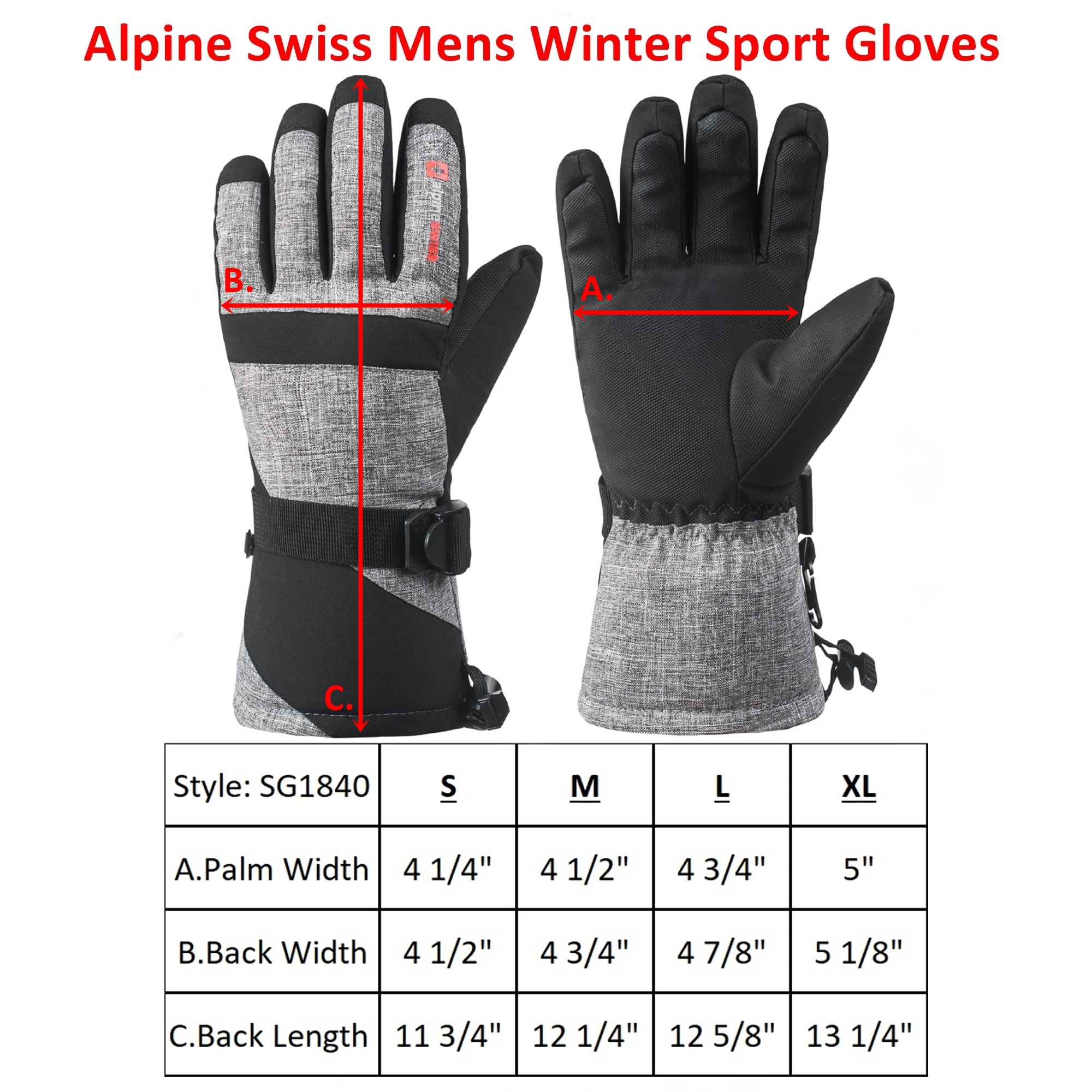 Alpine Swiss Mens Waterproof Gauntlet Snow Ski Gloves Winter Sport Snowboarding Windproof Warm 3M Thinsulate - image 5 of 7