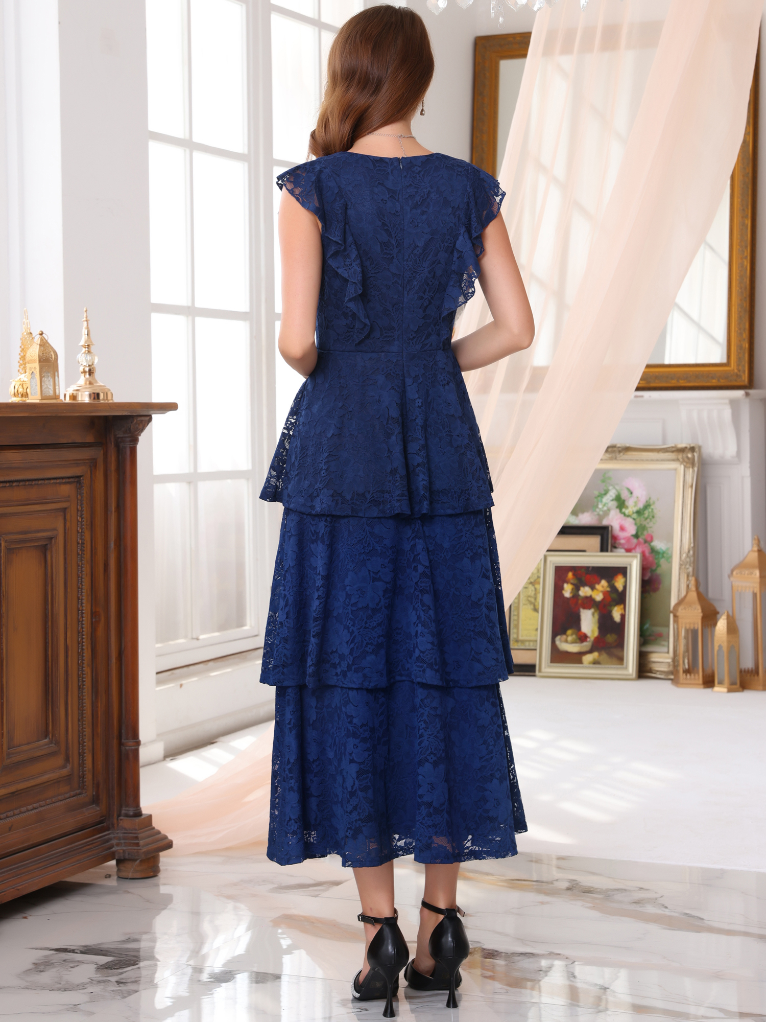 DARING DIVA Women's Wedding Guest Cocktail Ruffle Cap Sleeves Dress S Blue