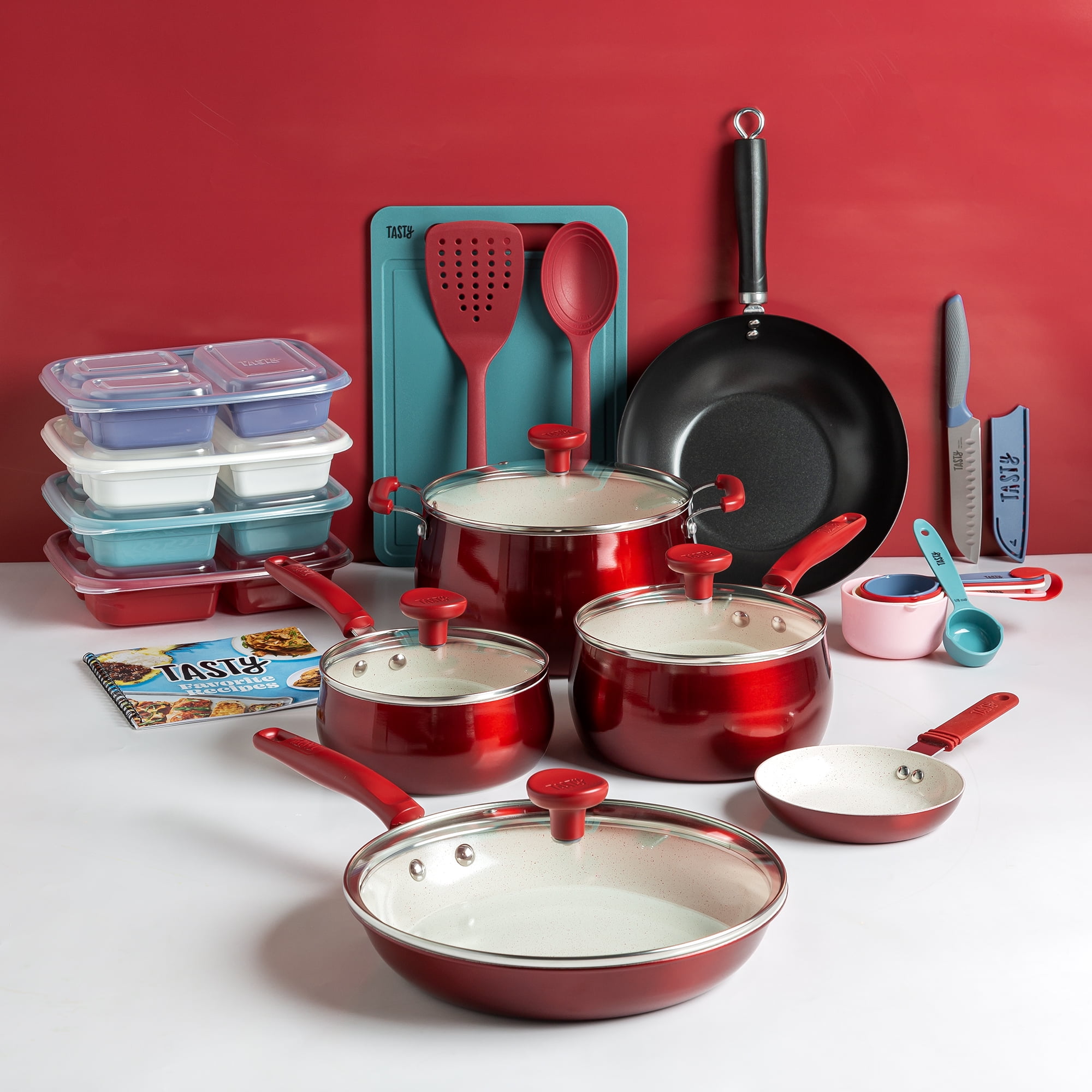 Tasty Clean Ceramic 24 Piece Non-Stick Aluminum Cookware Set, Red