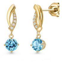 Gem Stone King 10K Yellow Gold Swiss Blue Topaz and Lab Grown Diamond Stud Dangle Earrings for Women | 1.35 Cttw | Gemstone November Birthstone | Round 5MM