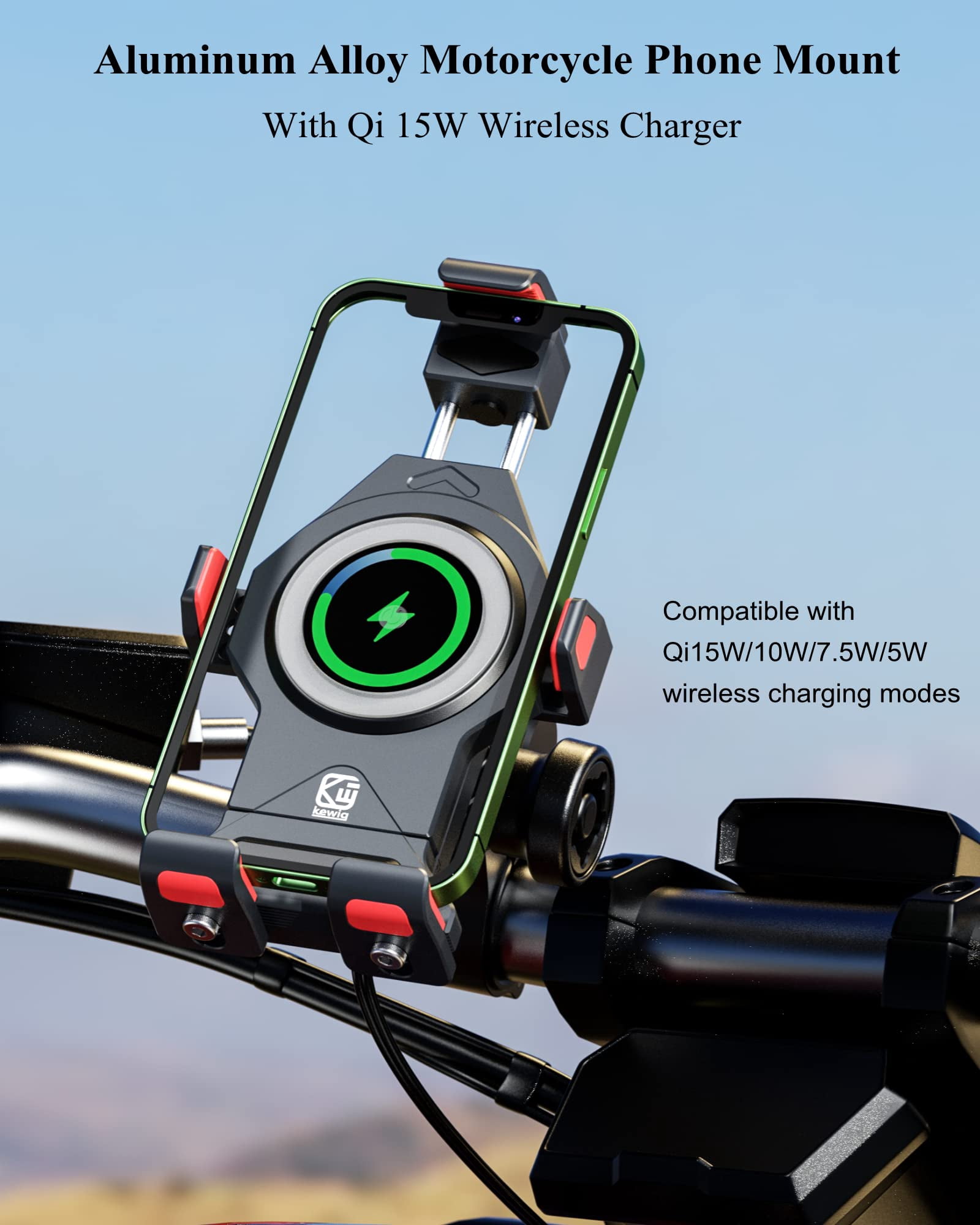Motorcycle Phone Mount with Qi 15W Wireless Charger & Vibration Dampener, Anti-Theft, Anti-Shake, Adjustable, Aluminum Alloy Motorcycle Handlebar Cellphone Holder for 4.7''-7.2'' Smartphones