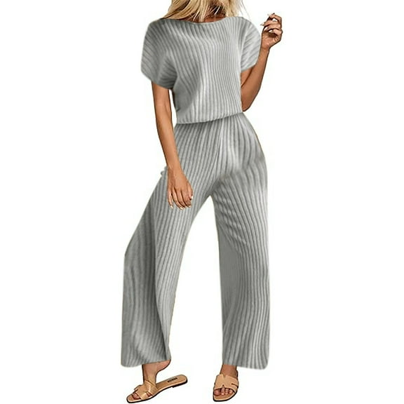 GigrtiJin 2 Piece Fleece Sets for Women Short Sleeve Round Neck Tops Wide Leg Pants Casual Loose Cozy Outfits