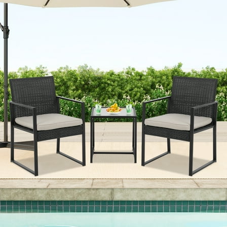 NiamVelo 3 Piece Patio Bistro Set, Outdoor Wicker Furniture Sets, Modern Rattan Chair Conversation Sets with Coffee Table for Yard, Garden, Balcony, Poolside （Black）
