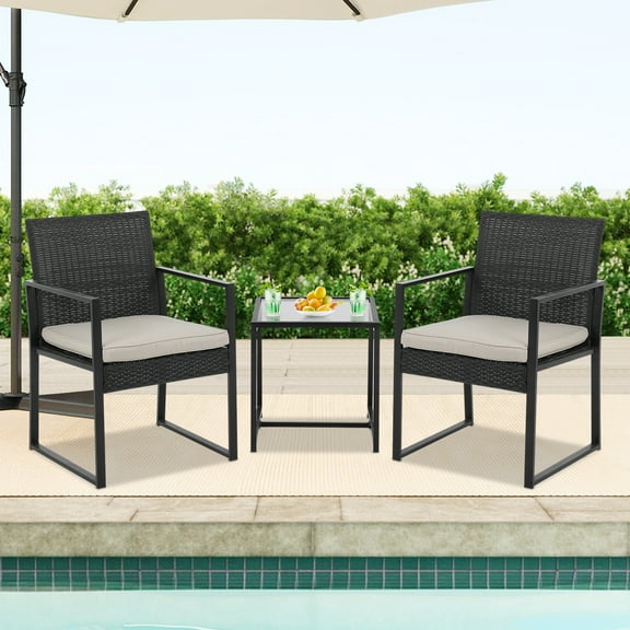 NiamVelo 3 Piece Patio Bistro Set, Outdoor Wicker Furniture Sets, Modern Rattan Chair Conversation Sets with Coffee Table for Yard, Garden, Balcony, Poolside （Black）