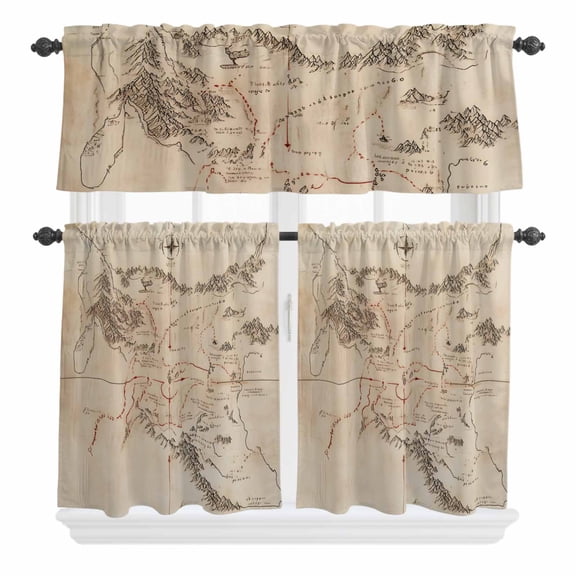3 Piece Kitchen Curtains and Valances Set Retro Map Cafe Curtains 24 Inch Length Middle Century Mountain Landscape Vintage Art Valance & Tier Curtain for Living Room Bedroom Window 54"x18" 27"x24"*2