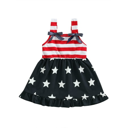 

4th of July Toddler Girl s Dress Star Stripe Print Bowknot Decoration Sleeveless Toddler Kid Girl Dress Independence Day