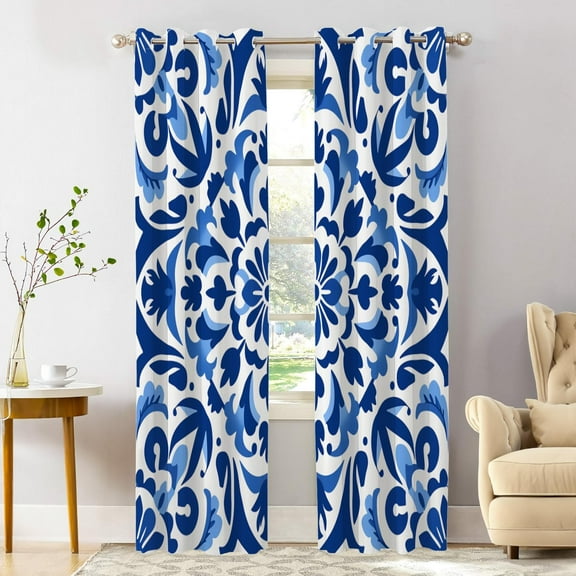 Blue White Blackout Window Curtains, Delicate Floral Thermal Insulated Curtains Grommet Top Window Drapes for Living Room, Bedroom 42"W x 84"L (Pack of 2)
