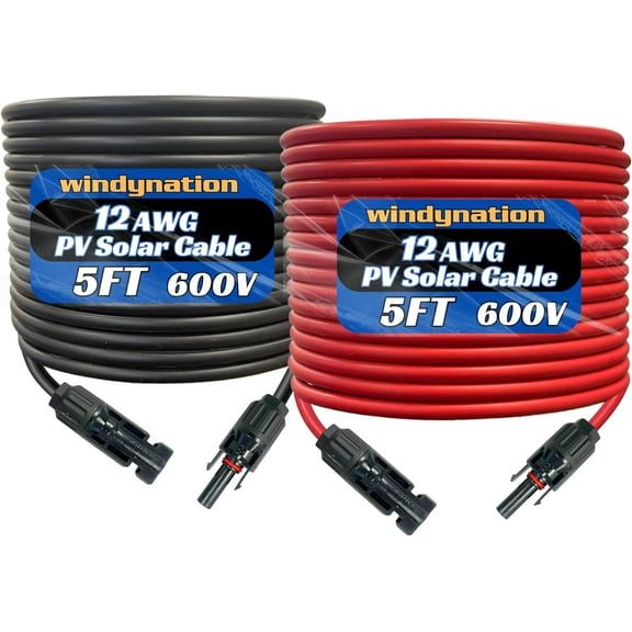 12 Gauge 12 AWG Pair 5 Feet Black   5 Feet Red PV Photovoltaic Solar Panel Extension Cable Wire Solar Connectors