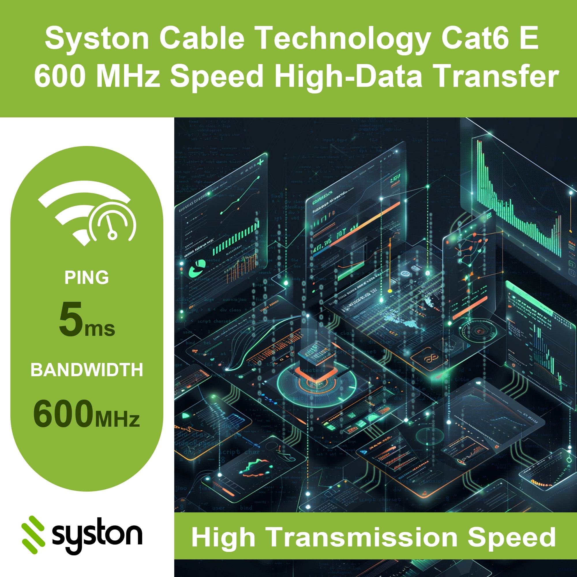 SYSTON CABLE TECHNOLOGY Cat 6E Ethernet Network Cable - 100 FT, 600MHz 23AWG Solid Bare Copper Wire Outdoor/Indoor, Bulk No Ends 10 Ft to 1000 Ft Available, Heat Resistant Riser Rated - CMR