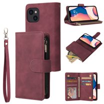Jiahe Cover For iPhone 14 Wallet Case 6.1 inch,with Card Holder Wrist Strap Premium Leather Flip Kickstand Full Body Protection Case Cover,Winered