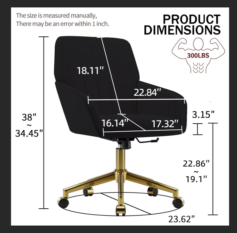 YWEN Velvet Home Office Chairs with Gold Base, Height Adjustable 360 Degree Swivel Desk Chair with Wheels, Upholstered Tufted Modern Vanity Chairs for Living Room, Bedroom,Study Room (Black)