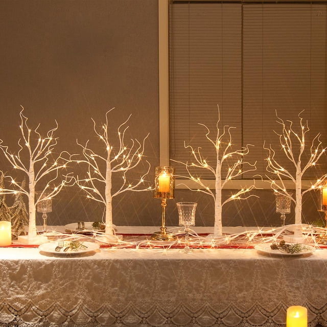 Decoraciones para árboles de Navidad en forma de abedul blanco con luz LED de 2 pies