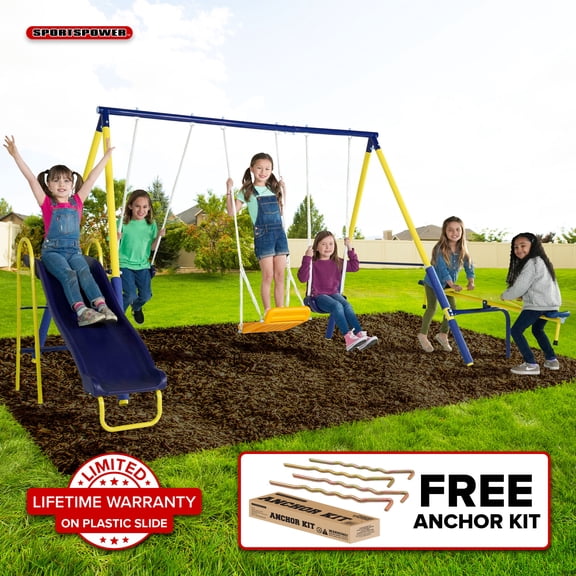 Sportspower Palmview Metal Swing Set with Teeter-Totter, Standing Swing, 5' Slide with Lifetime Warranty, & Bonus Anchor Kit, Great for Kids Aged 3-8