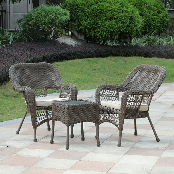 3-Piece Brown PE Rattan Wicker Outdoor Patio Conversation Furniture Set - Tan Cushions - Walmart 