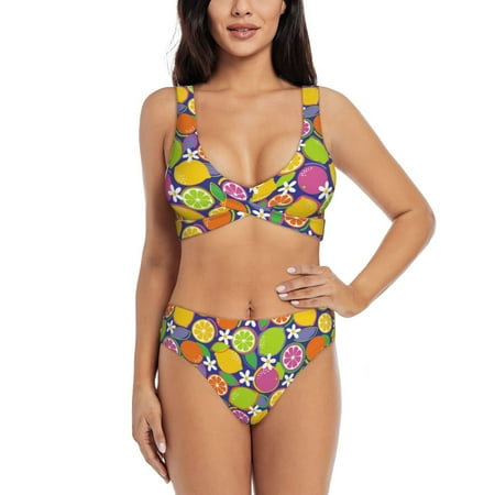 Bathing Suit For Women  Colorful Floral Lemon High Waisted Bikini Set Bathing Suit Cross Lace Up Swimsuit
