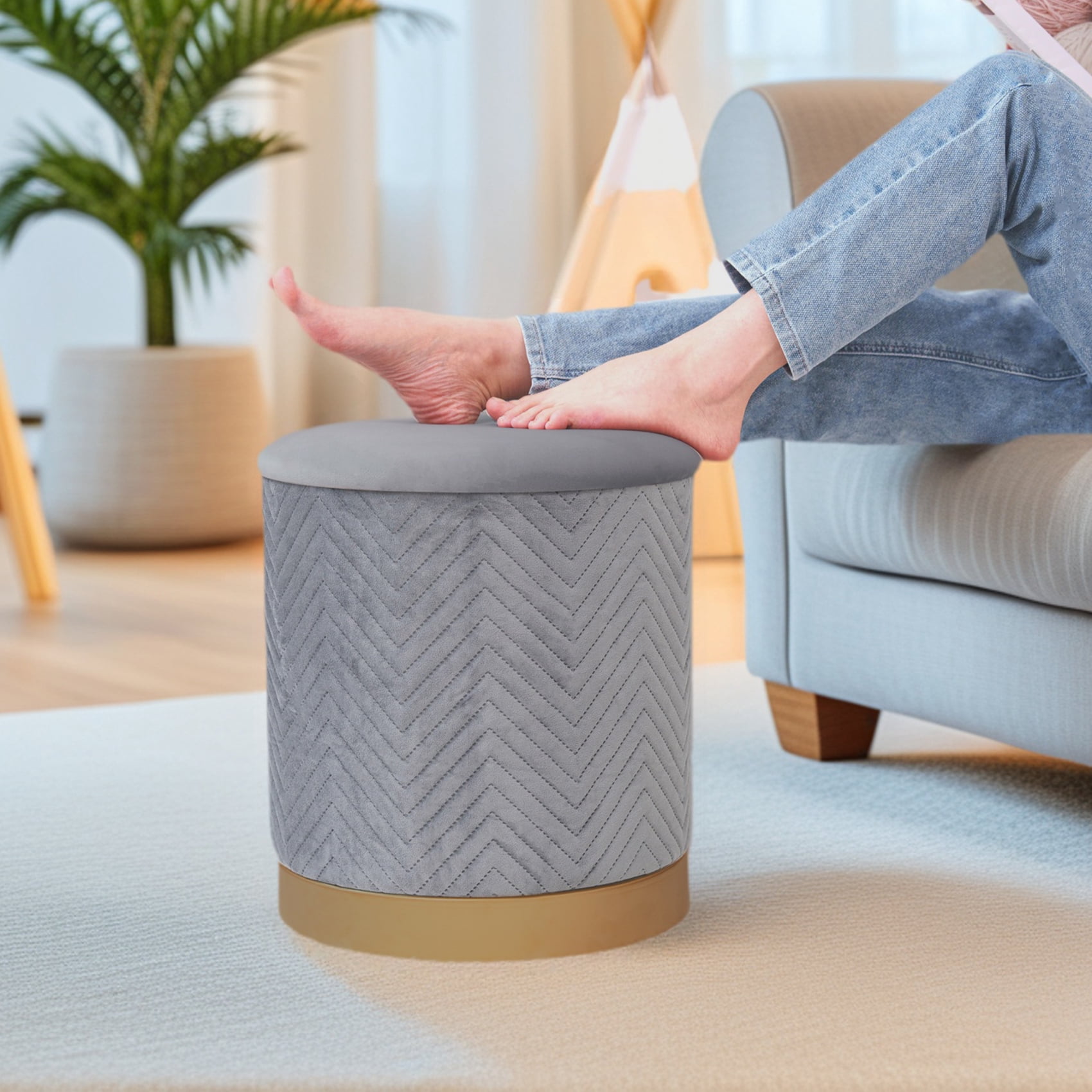 PINPLUS 15" Round Storage Ottoman with Tray Gold Edge Stool Leg Foot Rest for Living Room Gray,Velvet Fabric