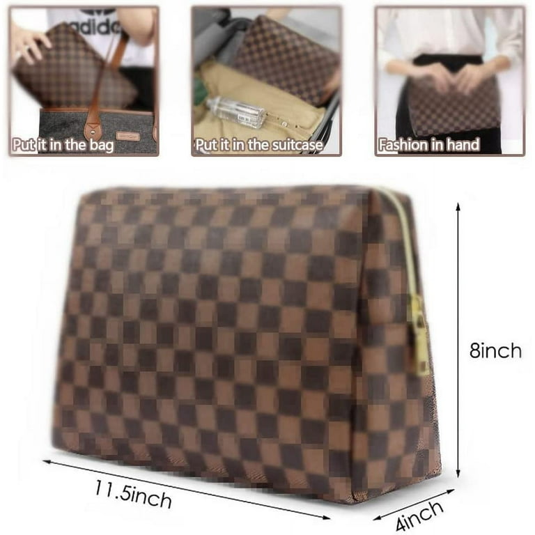 Aokur Makeup Bag Cosmetic Bag Travelling Checkered Make Up Bag Organizer for Women Girls Reusable Toiletry Bags Beige, Size: 11.5L x 4Wx 8H