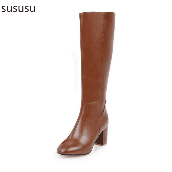 Women's Square Toe Heel Knee High Boots with Side Zipper for Stylish Mid-Calf Comfort and Winter Wear Fashion Footwear
