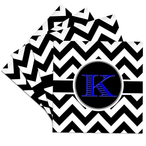 3drose, Black and White Chevron Monogram Blue Initial K, Set of 4 Ceramic Tile Coasters