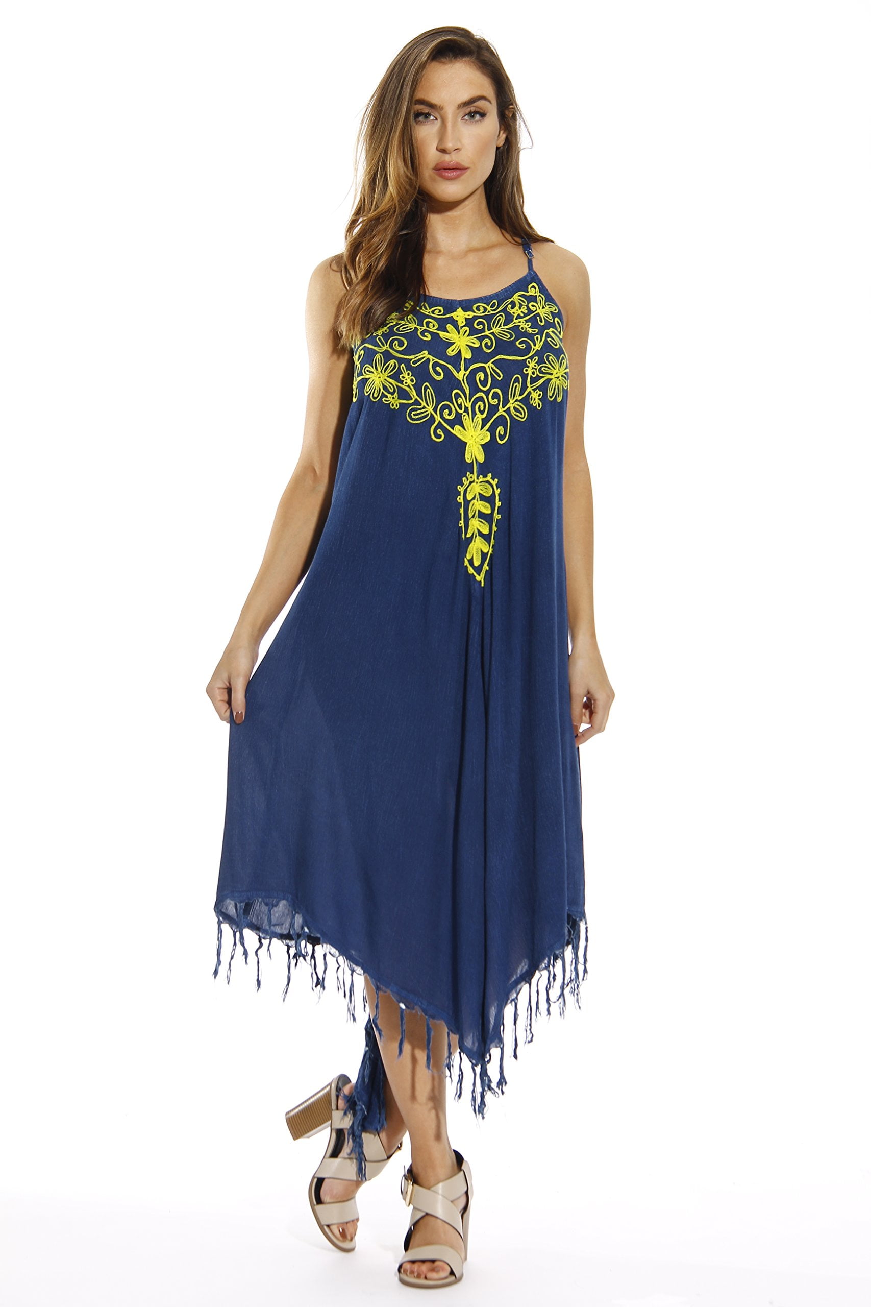 Riviera Sun - Riviera Sun Dress / Dresses for Women (Medium Denim with Yellow Embroidery, 2X 