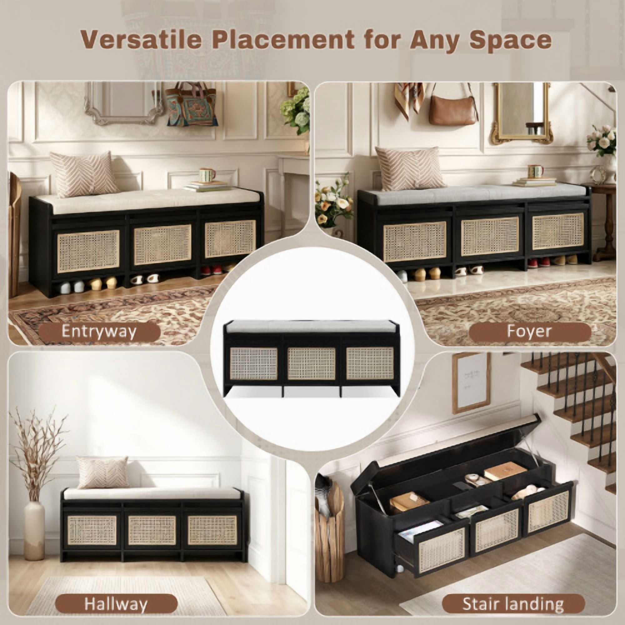 48" Retro Entryway Shoe Storage Bench with Rattan Drawers & Removable Button-Tufted Cushion, Black