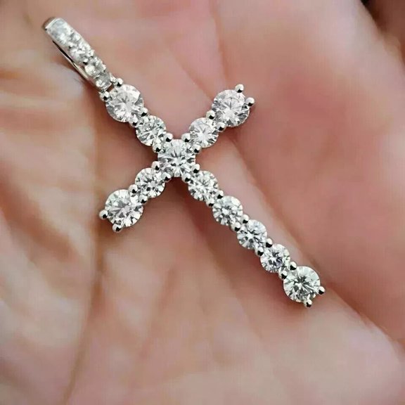 2Ct Round Cut Real Moissanite Women's Cross Pendant Chain 14K White Gold Plated