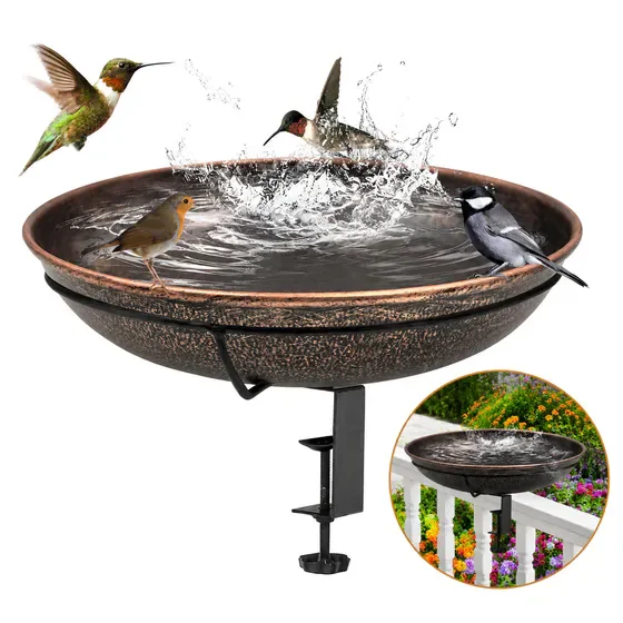 Deck Mounted Hanging Bird Bath, Detachable 12 Inch Bird Bath Bowl 0.7 Gallon Metal Outdoor Bird Water Bowl, Adjustable Clamp Balcony Bird Feeder for Deck, Railing, Balcony & Fence Outdoor Decor, Easy