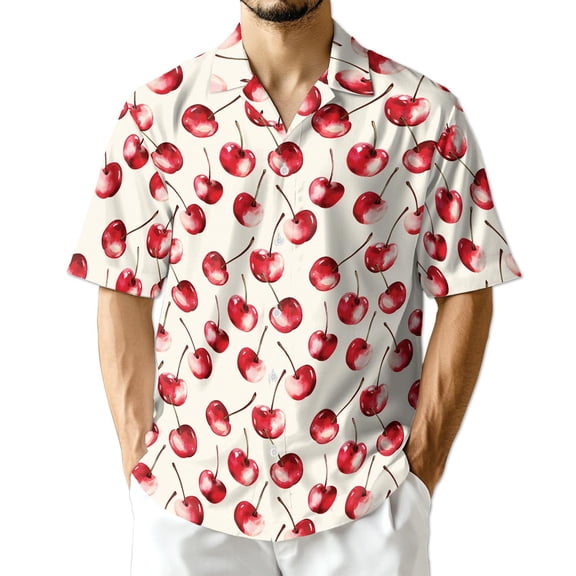 Netecom Cherry Hawaiian Shirt for Men, Button Down Summer Beach Short Sleeve, Vintage Style, S-5XL