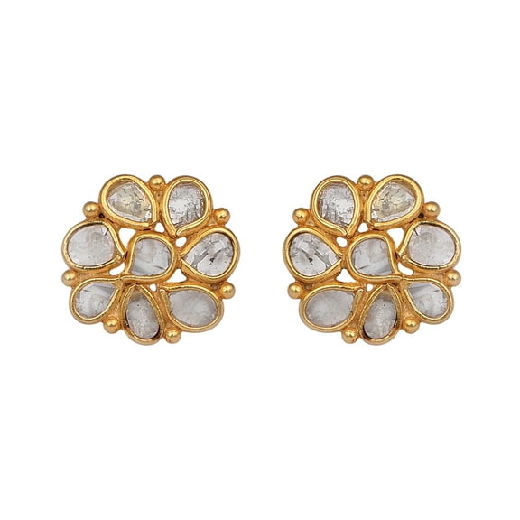 Mooneye 1.00 Ctw Diamond Polki Flower Studs 925 Sterling Silver Gold Plated Women Gifts Earrings