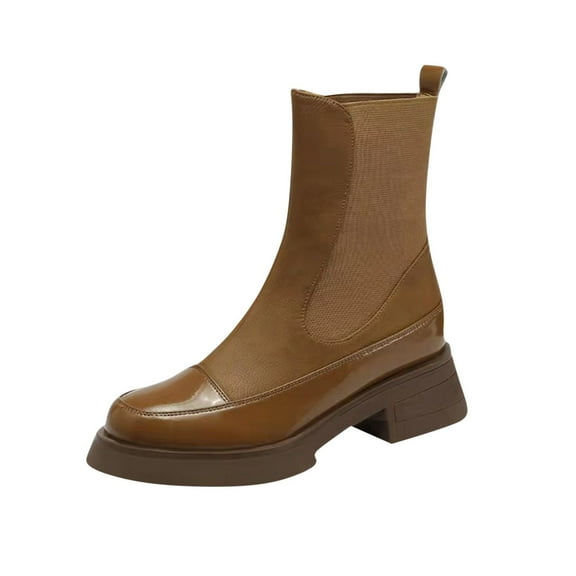 Women Casual Ankle Boots Retro PU Leather Stitching Booties Chunky Block Round Toe Boot Shoes