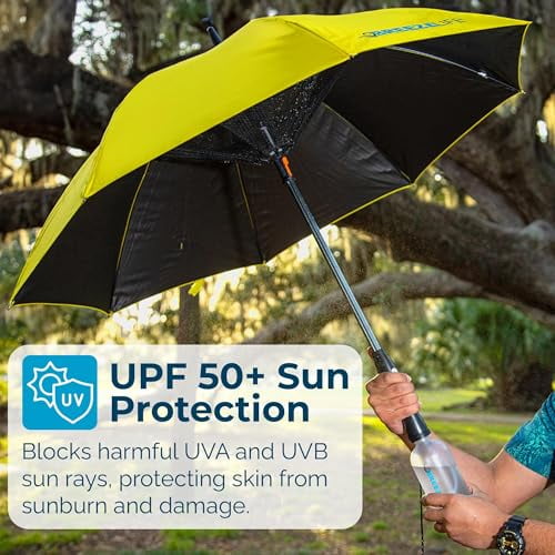 Breeze Life UPF 50+ Sun Umbrella with Built in Fan and Mister System. Perfect Umbrella for Golf, Beach, Festivals, Amusement Parks, Tailgating or anywhere you want to Keep your Cool. (blue)