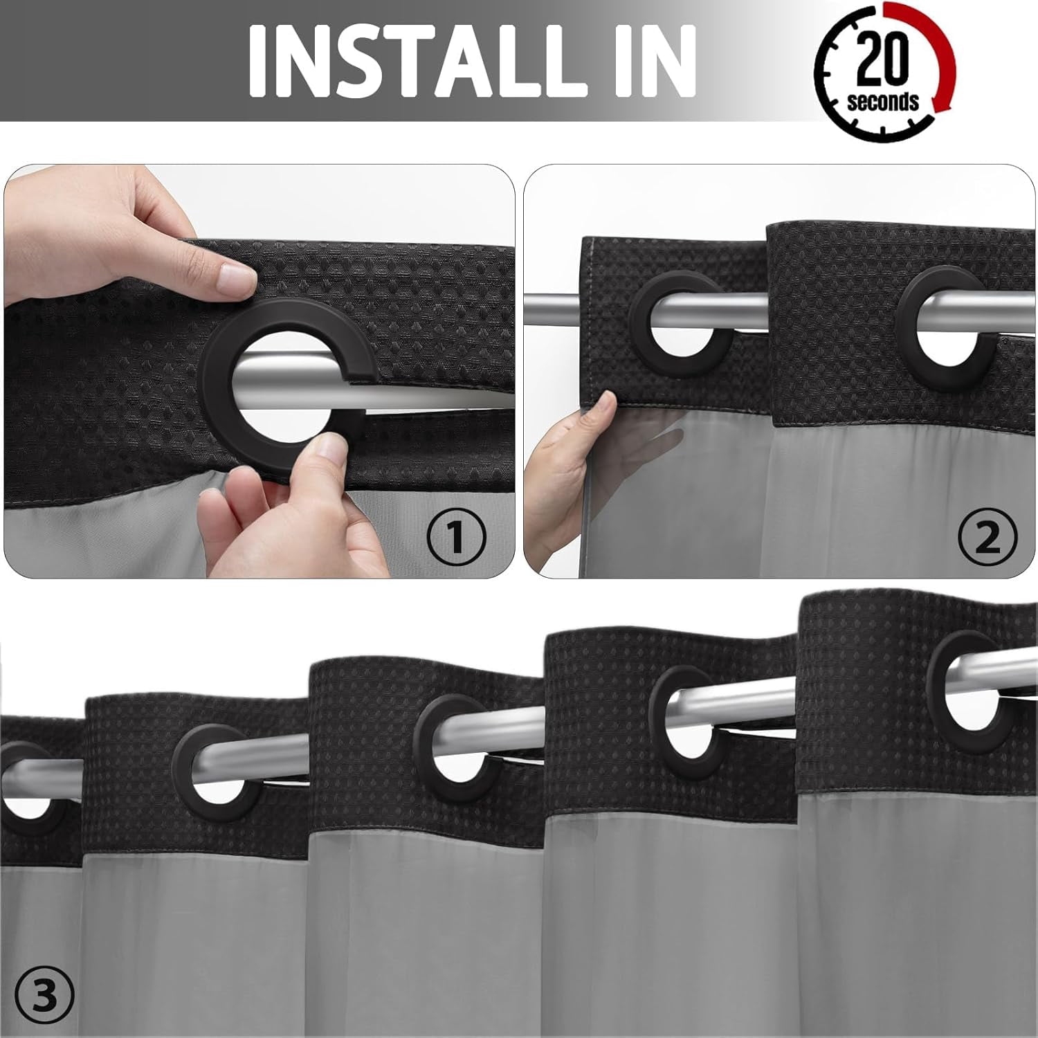 DawnJoanHD Waffle Weave No Hook Shower Curtain with Snap-in Liner, Black Polyester Fabric with See-Through Top Window, 72" x 75"