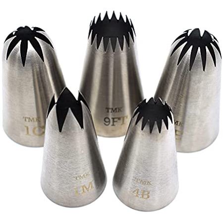 5 Pack Stainless Steel Seamless Piping Icing Tips #9FT 1C 1E 1M 4B, Large Piping Nozzle, Cake Decorating Tools for Baker