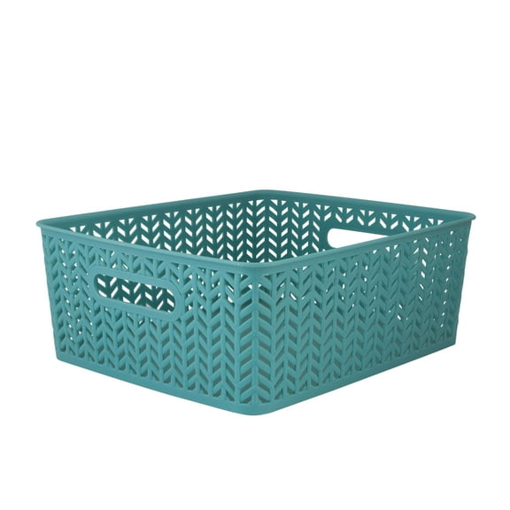 Simplify Resin Herringbone Storage Bin Tote in Blue