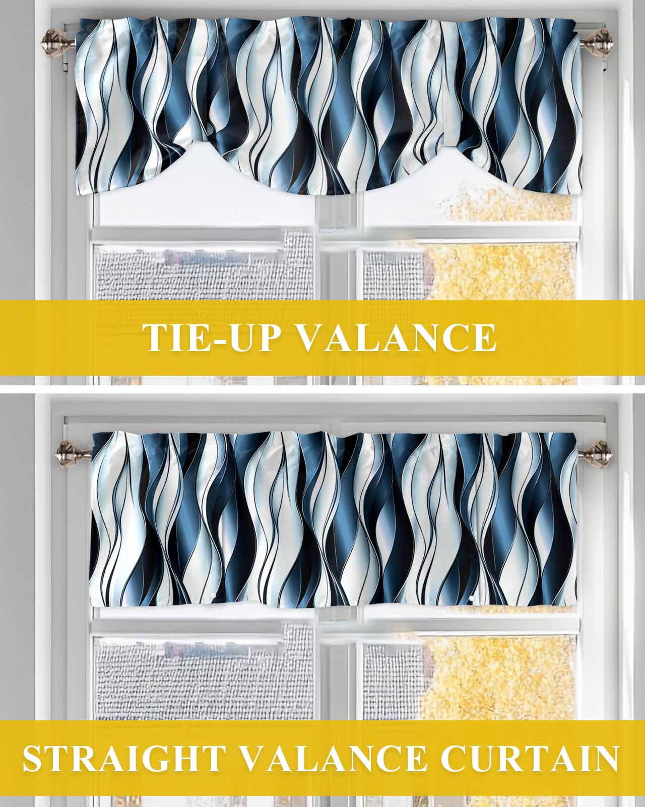 Steel Blue Gradient Line Tie Up Valances Curtain, Adjustable Kitchen Abstract Twist Valances for Windows Decor, Rod Pocket Short Curtains Set for Bedroom/Bathroom, 60"x18"