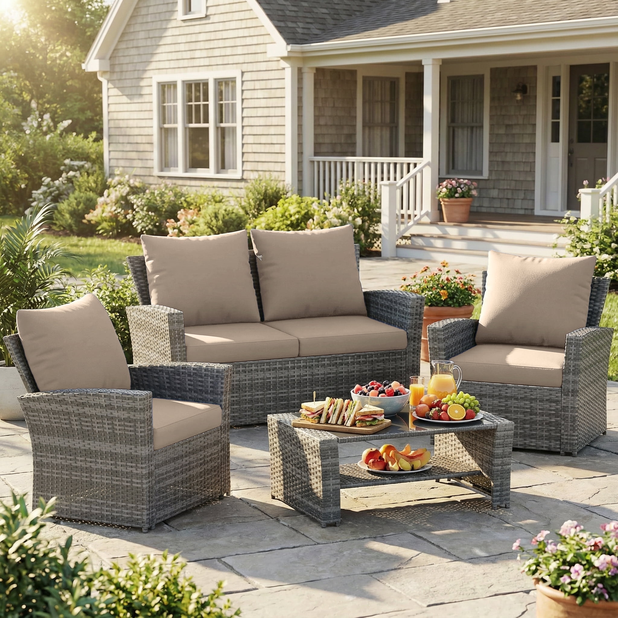 UDPATIO Wicker Patio Furniture Set, 4 Piece Outdoor Sectional Conversation Sets, Gray PE Rattan Patio Sofa Set for Balcony, Backyard, Beige