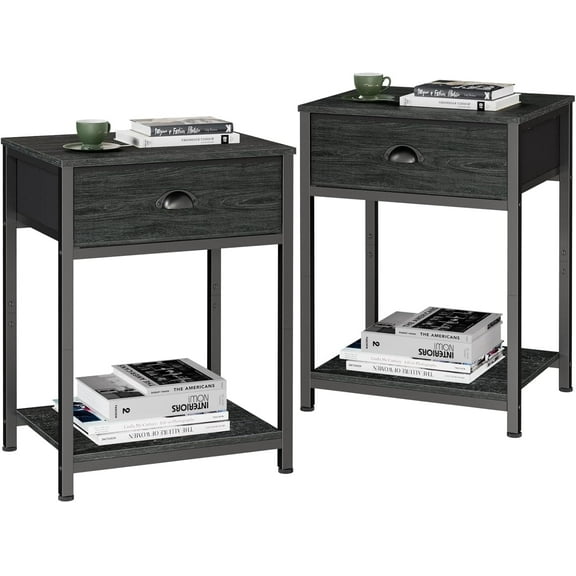 Nightstands Set of 2, Industrial End Table with Fabric Drawer&Storage Shelf, Small Bedside Table Organizer for Small Space for Living Room, Tall 23.6" Night Stand for Bedroom, Black Oak
